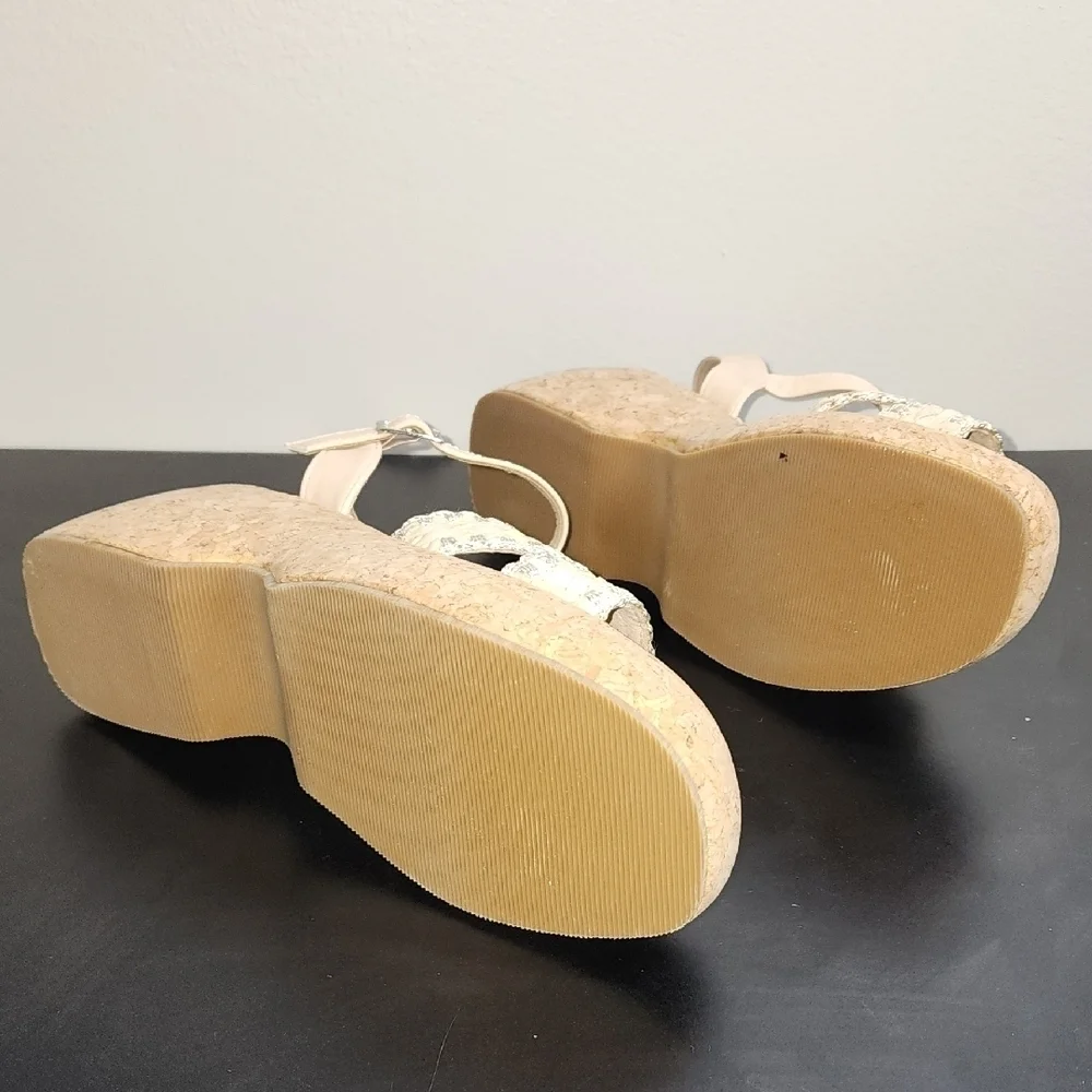 G.C. Cream Wedge Platform Shoes with Braided Straps